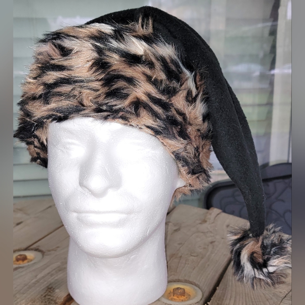 Alternative Black Santa Hat, Black Elf hat with Leopard